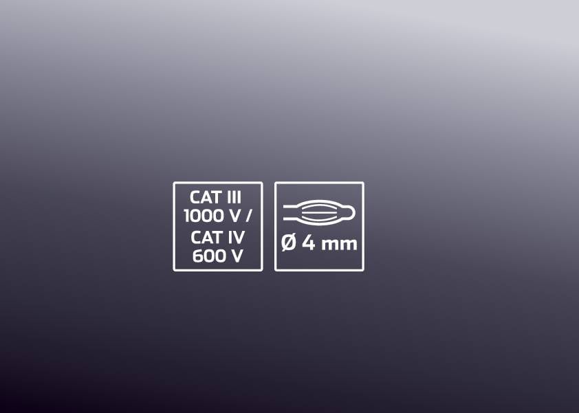 « CAT III 1000 V / CAT IV 600 V Ø 4 mm » est inscrit sur un emballage destiné à l'utilisation d'appareils électriques avec une tension correspondante.
