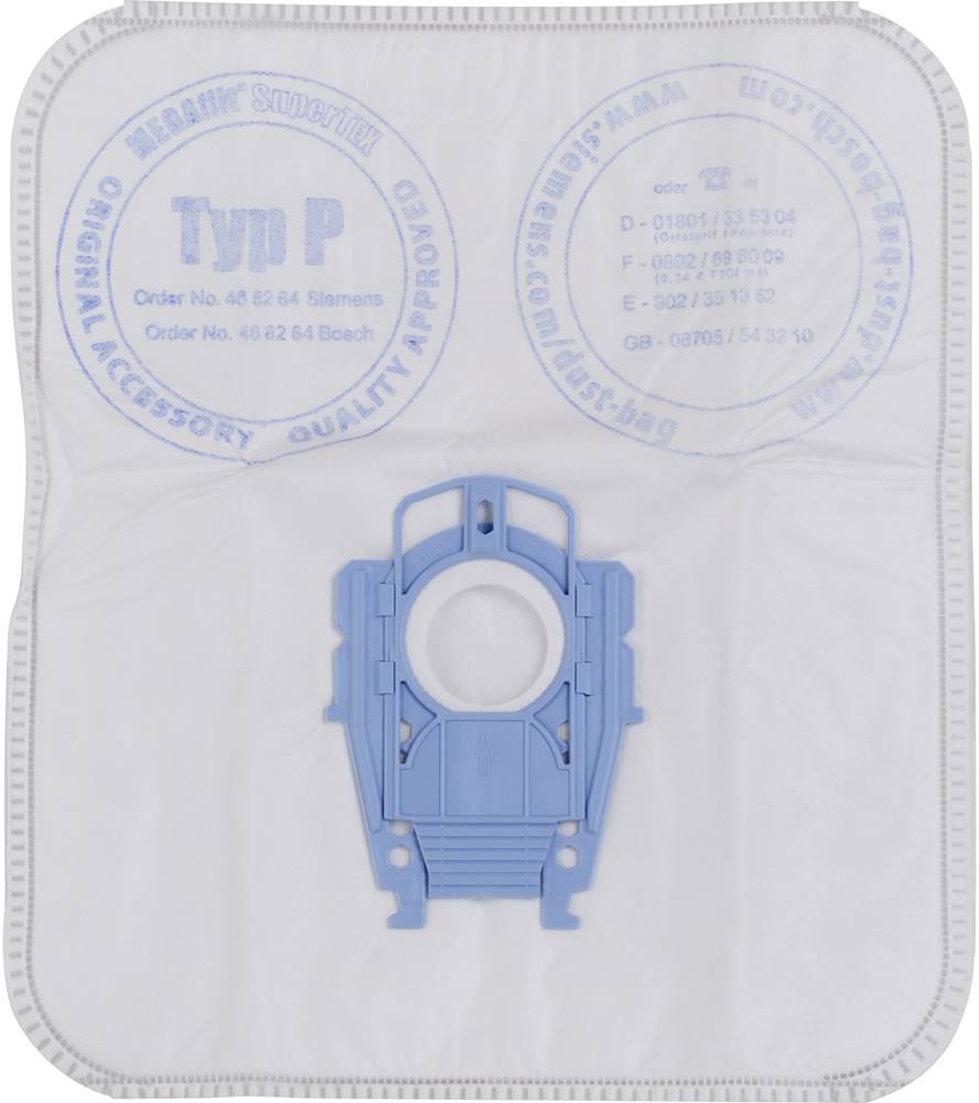 Un sac d'aspirateur de type P, avec un élément central en plastique bleu, entouré de champs de texte blancs contenant des spécifications et des informations sur le fabricant.