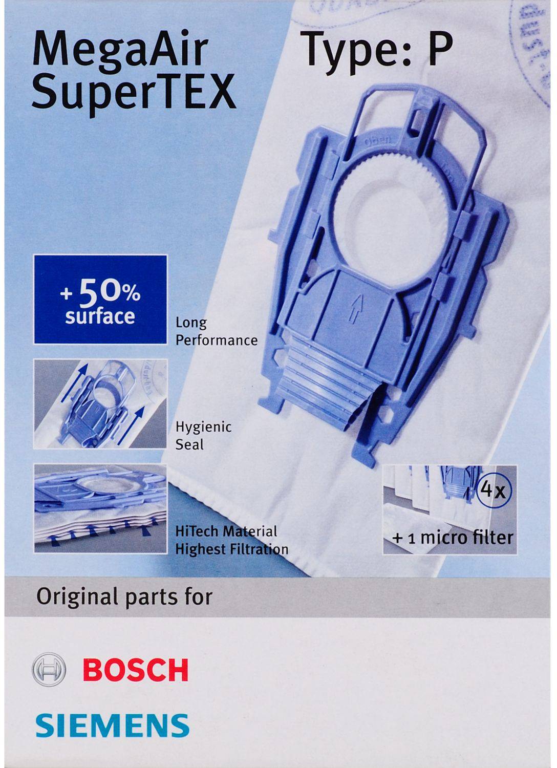 Sacs d'aspirateur, type P, MegaAir SuperTEX, 50% de volume supplémentaire, longue durée de vie, fermeture hygiénique, avec 1 microfiltre. Pièce d'origine Bosch, Siemens.
