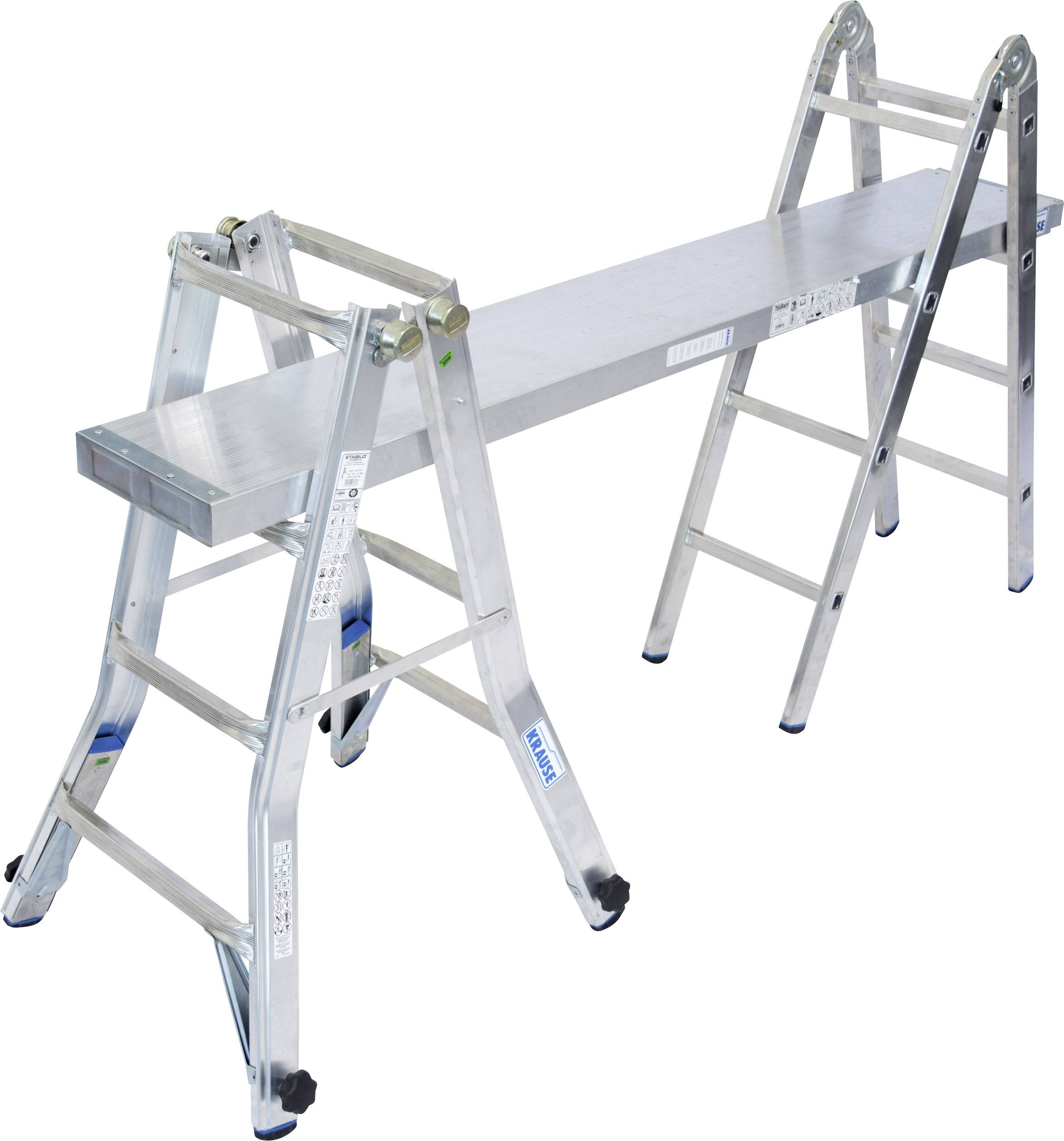 Échelle en aluminium en position d'échafaudage, adaptée à divers travaux, réglable avec des marches antidérapantes. Idéale pour les projets de construction.