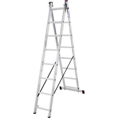 Une échelle en aluminium est dressée et dépliée. Elle dispose de pieds antidérapants et de renforts pour assurer sa stabilité, convenant parfaitement aux travaux en hauteur.