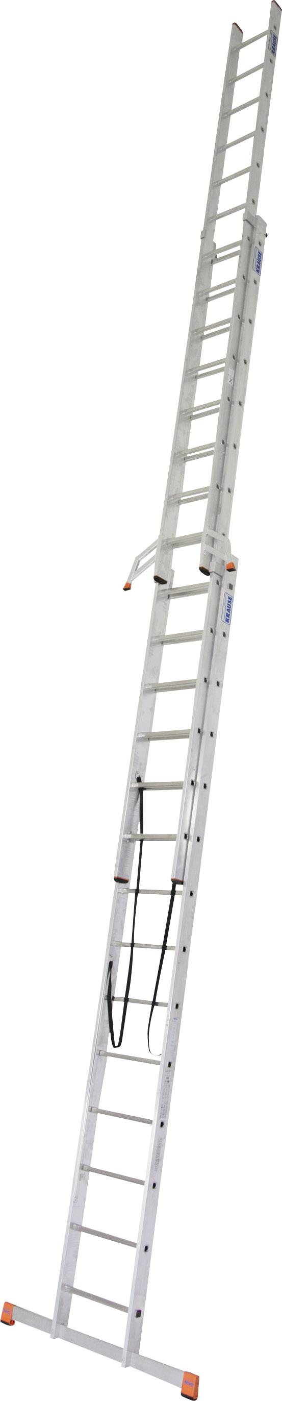 Une échelle pliante en aluminium argenté avec deux segments. Elle dispose de pieds antidérapants et peut être utilisée pour des travaux en hauteur.