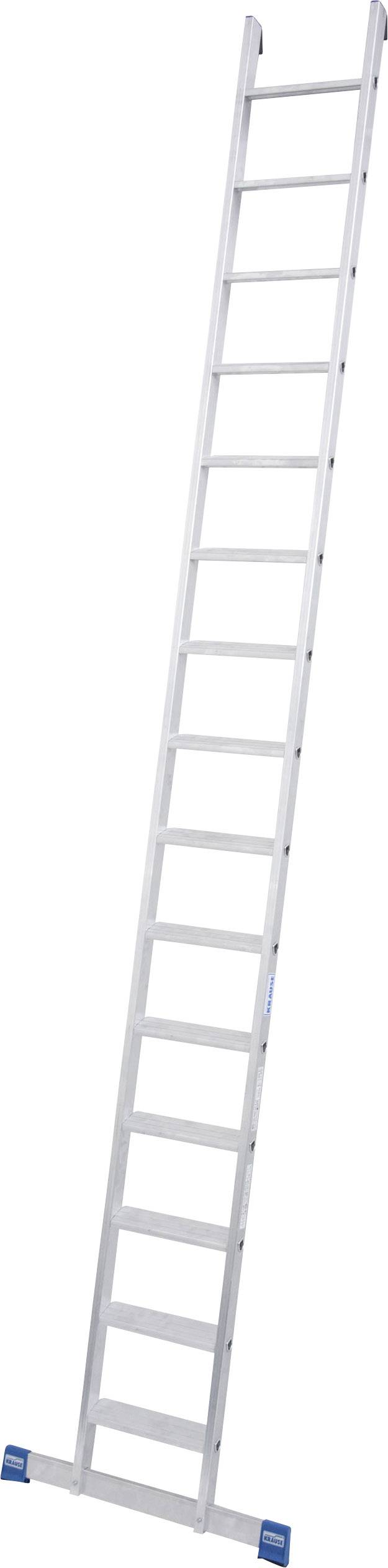 Une longue échelle en aluminium avec des extrémités bleues, debout.