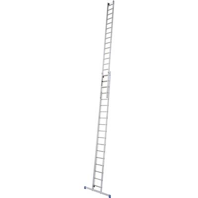 Échelle télescopique longue en argent avec embouts en caoutchouc bleu, extensible pour des travaux en hauteur flexibles.