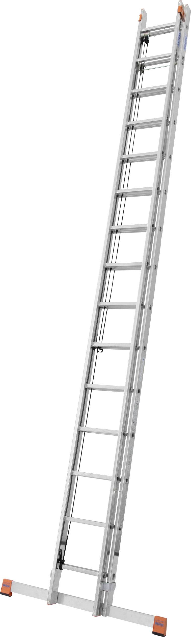 Une longue échelle en aluminium argenté, avec des embouts en caoutchouc orange, déployée pour des travaux en hauteur ou des réparations.