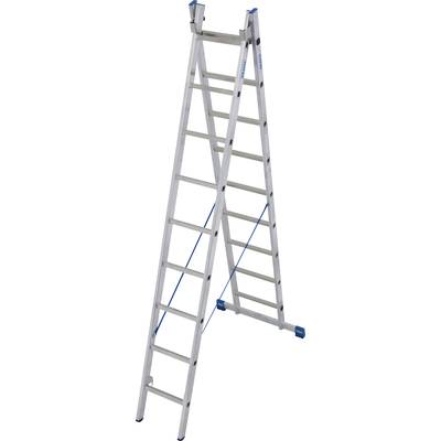 Échelle avec cadre en aluminium, extensible avec support de sécurité bleu, adaptée aux travaux de construction ou aux réparations en hauteur.