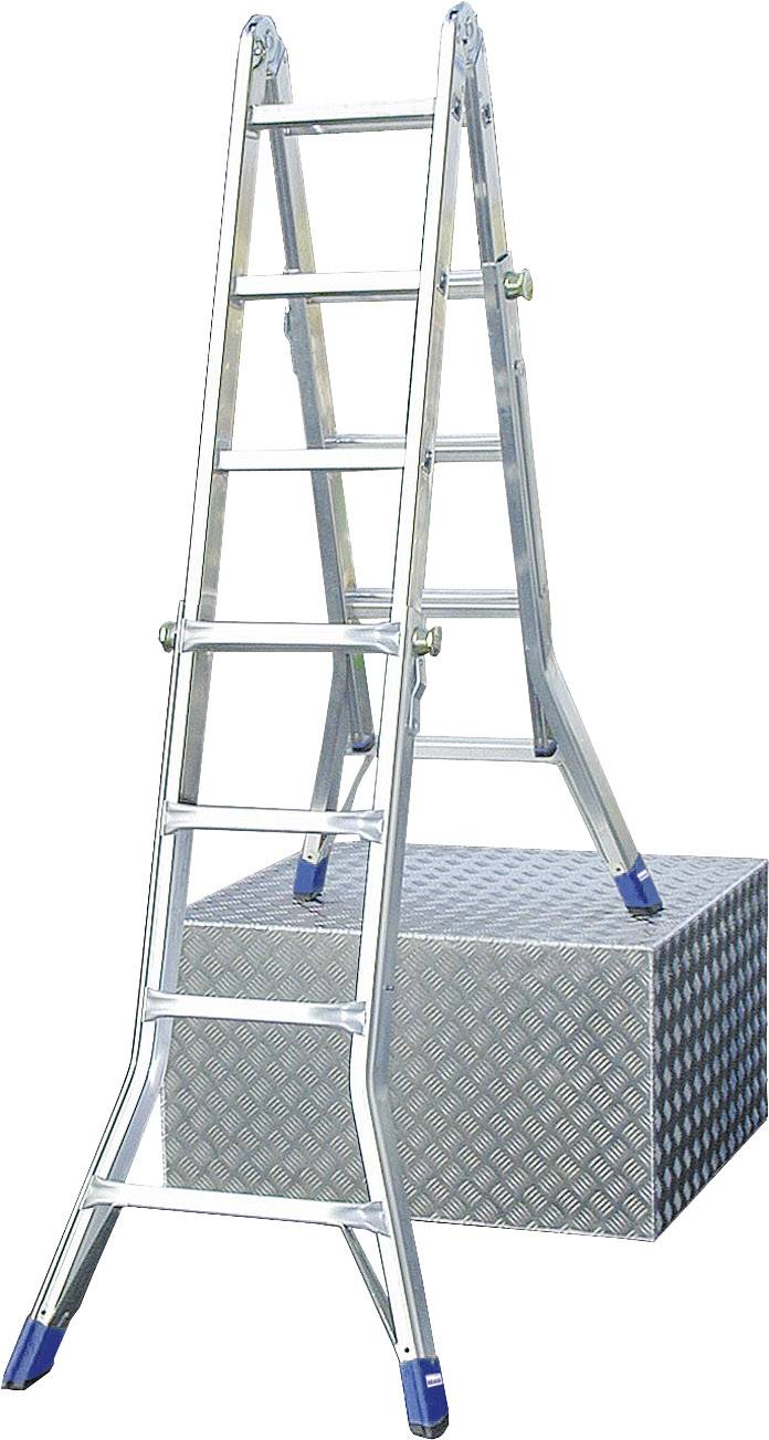 Une échelle en aluminium est posée sur un coffret métallique strié, prête pour des travaux en hauteur.