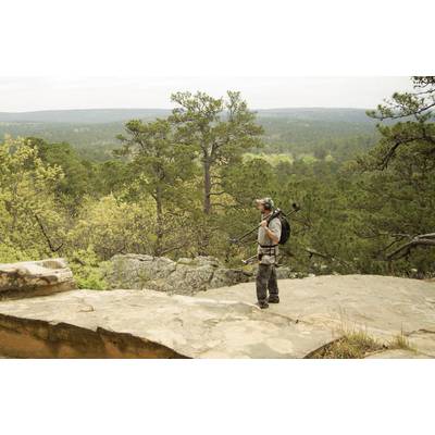 Un homme avec un sac à dos et du matériel photo se tient sur un rocher, surplombant un vaste parc national boisé.