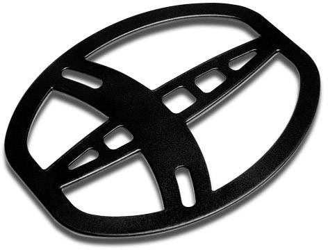 Pièce métallique noire, ovale, avec plusieurs découpes formant une structure en croix. Il pourrait s'agir d'un composant ou d'une grille de protection.