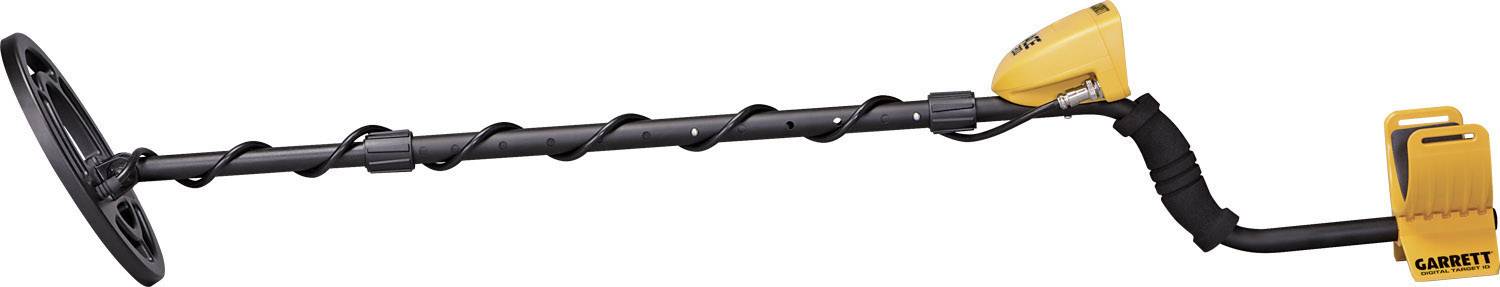 Un détecteur de métaux noir avec une poignée et un panneau de commande jaunes, présenté horizontalement. Parfait pour la recherche d'objets métalliques.