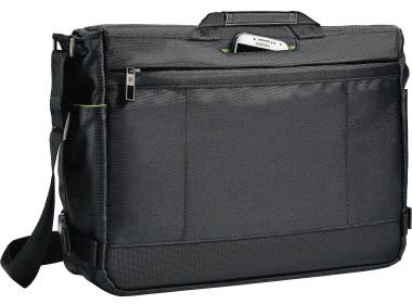 Sacoche noire pour ordinateur portable avec bandoulière et plusieurs poches. Un smartphone dépasse d'une poche sur le dessus.