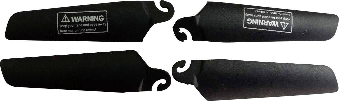 Quatre pales d'hélice noires avec l'inscription 'WARNING' en blanc.