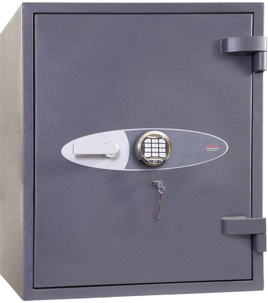 Un coffre-fort gris avec une serrure électronique à code et une ouverture à clé sur la façade avant.