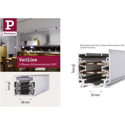 Système de rail biphasé VariLine 230V de Paulmann. L'image montre un système de rail et une coupe transversale avec des indications de dimensions.