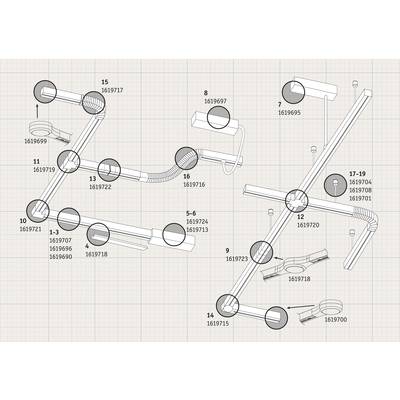 Montre un diagramme d'un système de tuyauterie avec des composants numérotés et des étiquettes, par exemple des croix, des coudes et des raccords.