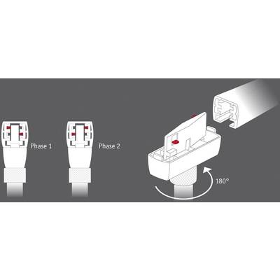 Illustration d'une prise se connectant en deux phases. La prise est tournée de 180 degrés pour s'emboîter de manière sécurisée.