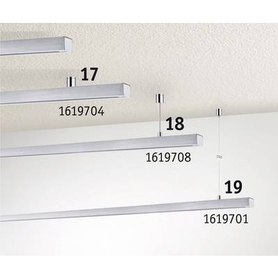 'Trois bandes métalliques flottantes sont disposées parallèlement au plafond. Les bandes sont étiquetées avec les numéros 17, 18 et 19 ainsi que les codes 1619704, 1619708 et 1619701.'
