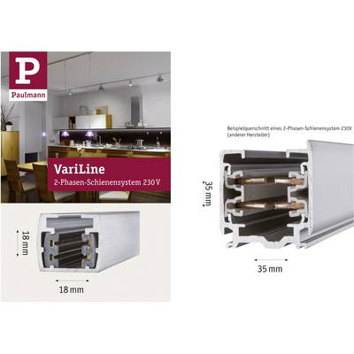 Coupe transversale d'un système de rails biphasé 230V avec dimensions : largeur 18 mm, hauteur 35 mm. Installation de cuisine en arrière-plan.