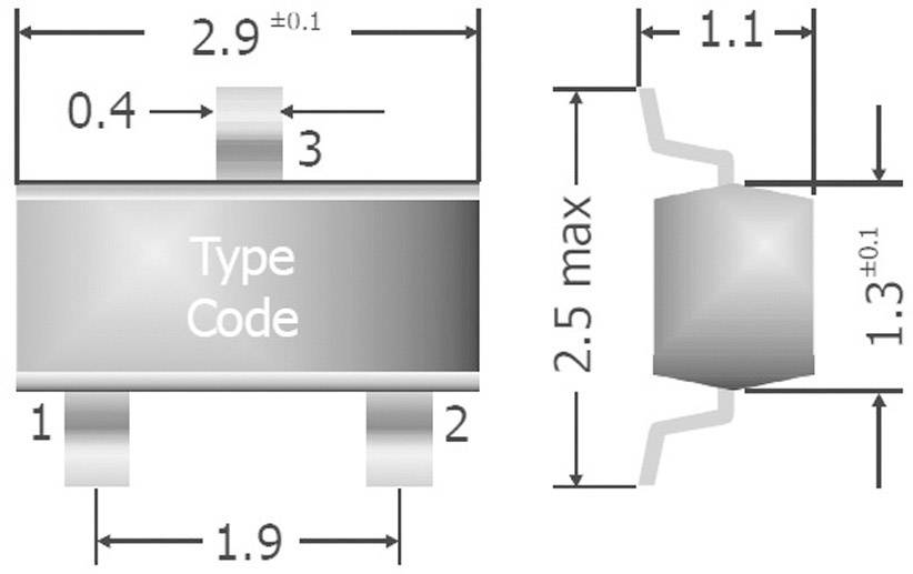 Composant électronique : Vue du boîtier CMS avec dimensions. Longueur 2,9 mm, largeur 1,3 mm, hauteur jusqu'à 2,5 mm. Broches numérotées.