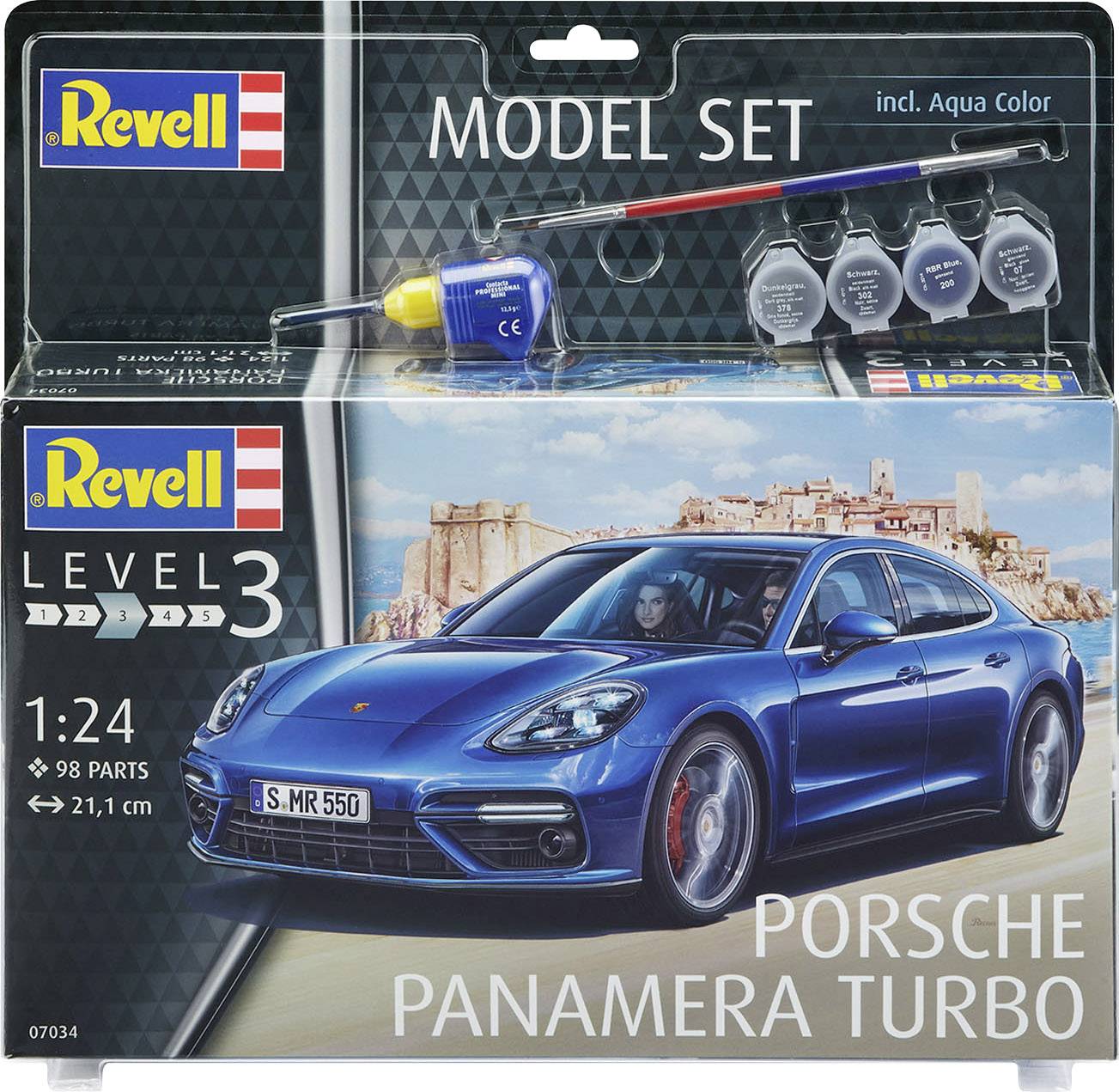 Kit de construction Porsche de Revell, niveau 3, échelle 1:24, 98 pièces. Comprend des peintures, des pinceaux et de la colle. Illustré : Porsche Panamera Turbo bleu.