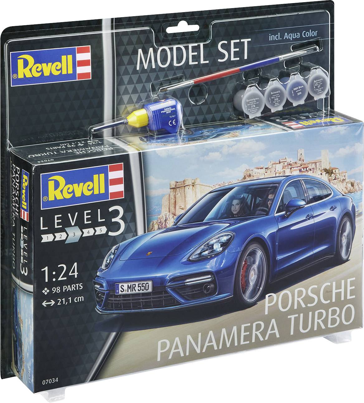 Kit de maquette Revell 'Porsche Panamera Turbo' en bleu. Échelle 1:24, 98 pièces. Comprend de la peinture, un pinceau et de la colle. Niveau de difficulté 3.
