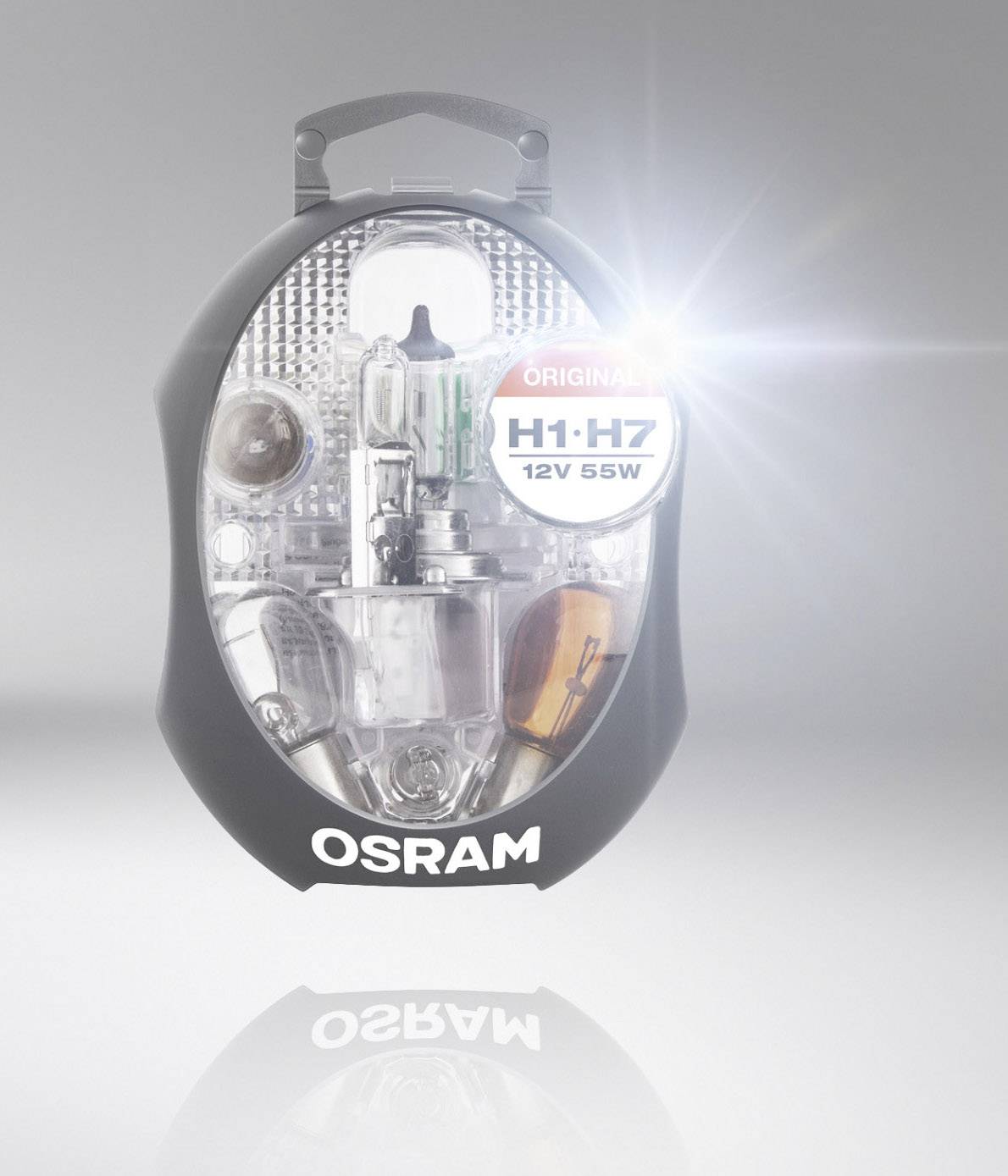 Un ensemble de lampes automobiles Osram dans un emballage noir à effet brillant. Comprend des lampes H1-H7, originales 12V 55W.