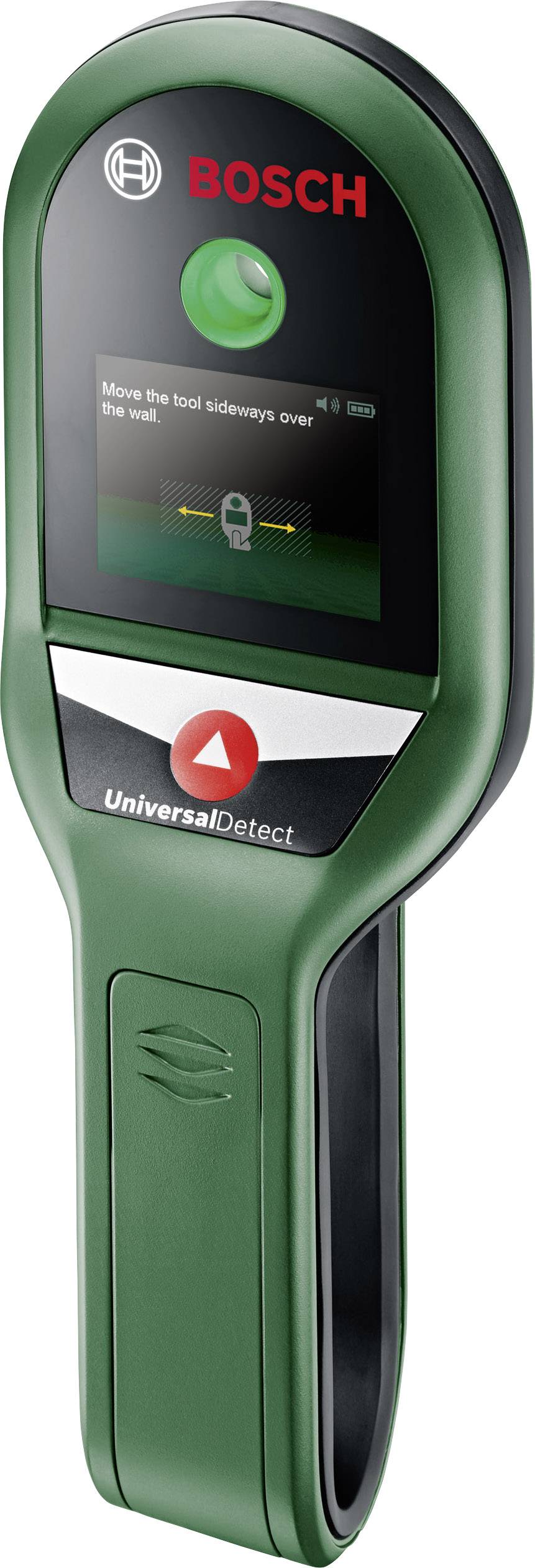 Un appareil vert Bosch UniversalDetect avec affichage et bouton rouge, utilisé pour localiser des conduits ou des objets dans les murs.
