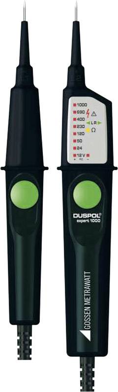 Testeur de tension avec voyants lumineux pour différents niveaux de tension, boîtier noir avec bouton vert, marque 'DUSPOL'.