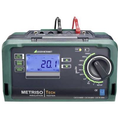Appareil de mesure d'isolement numérique affichant '20,1 MΩ', avec un bouton rotatif pour régler la tension (50V à 1000V) et des connexions de câbles.