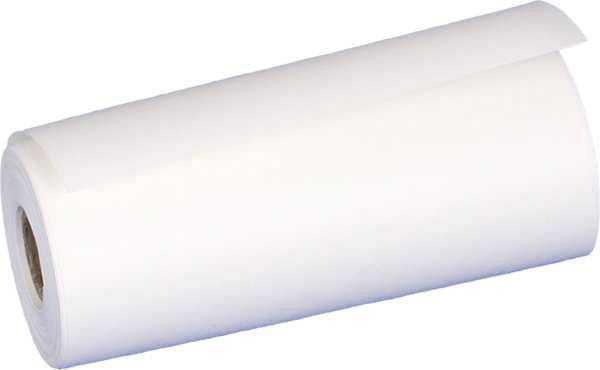 Un rouleau de papier blanc, partiellement déroulé, est posé sur le côté.
