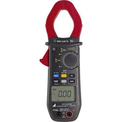 Pince ampèremétrique avec écran, affichant '0,00', adaptée pour des mesures jusqu'à 600 V CAT IV. Touches de réglage visibles.