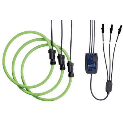 Système de câbles de mesure vert avec trois boucles et un boîtier de commande électronique ; utilisé pour la mesure du courant électrique.