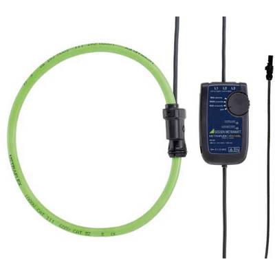 Un anneau capteur de courant vert avec un appareil de mesure électronique connecté. Utilisé pour des mesures de courant dans les systèmes électriques.