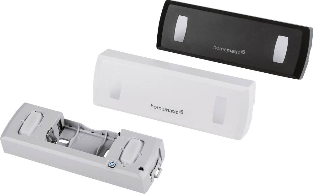 Trois contacts radio Homematic pour portes et fenêtres, deux fermés en noir et blanc, un ouvert montrant son intérieur.