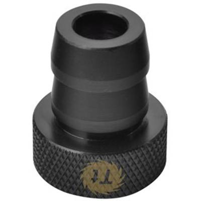 Adaptateur en plastique noir avec bord cannelé et ouverture cylindrique ; utilisé pour les raccordements de tuyaux.