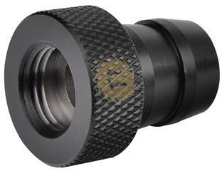 Un adaptateur noir métallique à surface striée et filetage intérieur, probablement destiné à connecter des tuyaux ou des tubes.