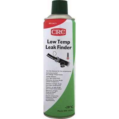 Bombe aérosol portant l'inscription 'CRC Low Temp Leak Finder'. Un tuyau avec de la vapeur montre la fonction de détection de fuites à basse température.