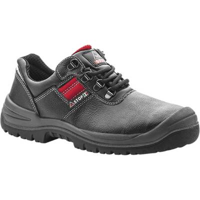 Chaussure de sécurité noire avec bande rouge et lacets, adaptée pour une utilisation industrielle.