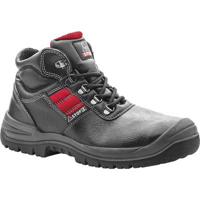 Chaussure de sécurité noire avec un coussin rouge et un design robuste. Coutures renforcées et embouts de protection pour une utilisation industrielle.