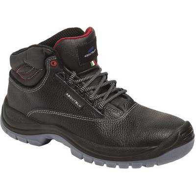 Une chaussure de sécurité noire montante, avec des détails rouges et verts, adaptée aux environnements industriels.