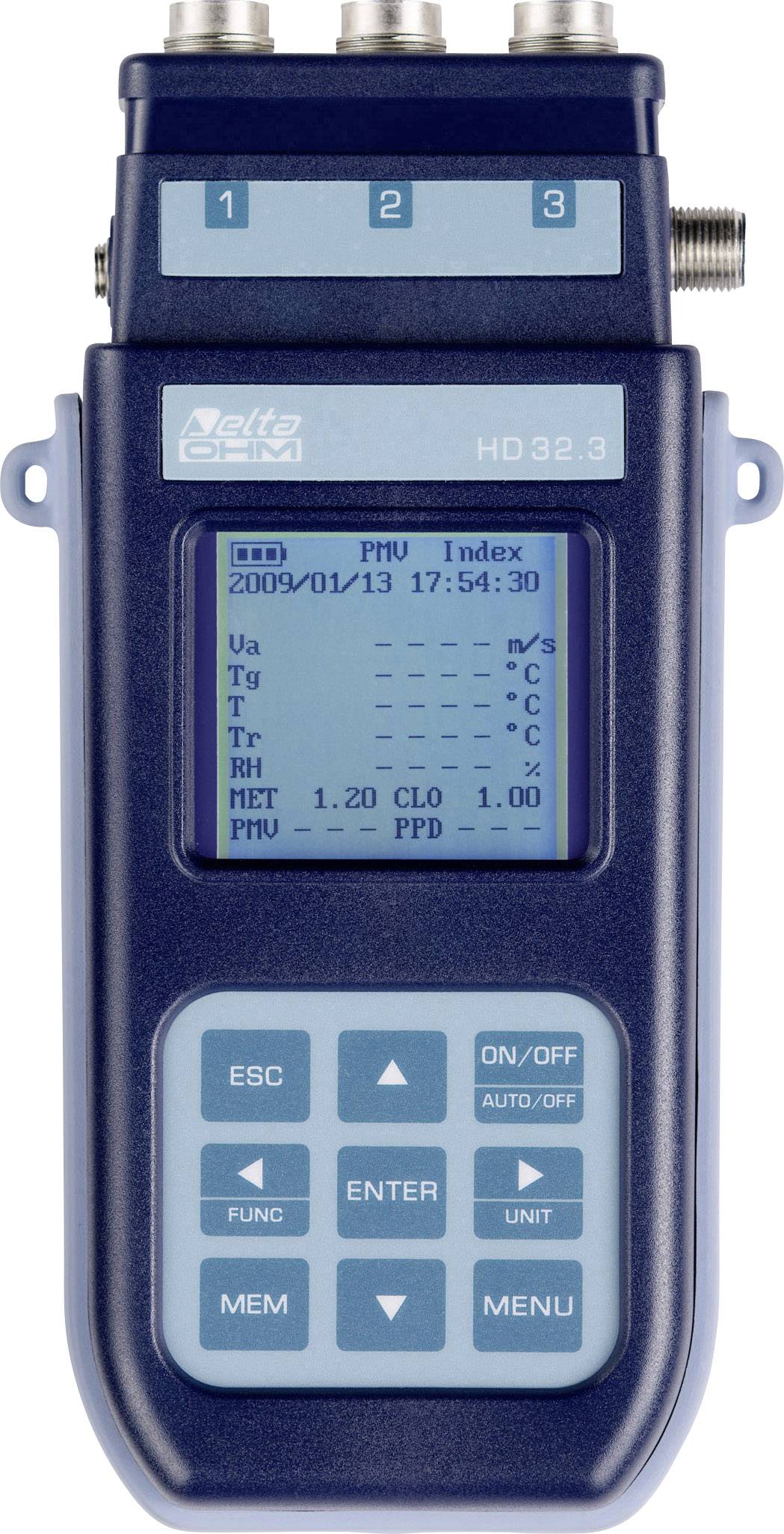 Appareil de mesure numérique de couleur bleue avec écran et touches. Affiche les données de mesure et la date. Partie supérieure avec connexions de câbles.
