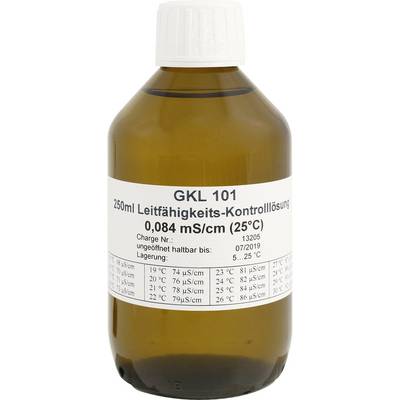 Une bouteille brune avec une étiquette blanche. Inscription : 'GKL 101', 'Solution de contrôle de conductivité 250ml', Valeur : '0,084 mS/cm (25°C)'.
