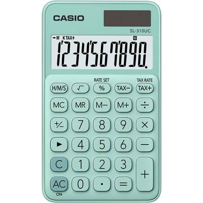 Un calculatrice de poche Casio turquoise, modèle SL-310UC avec affichage numérique, montre la séquence de chiffres '1234567890'.