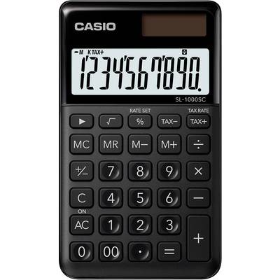 Calculatrice noire à énergie solaire avec affichage 12 chiffres. Les touches comprennent des chiffres, des opérations arithmétiques de base et des fonctions de taux fiscaux.