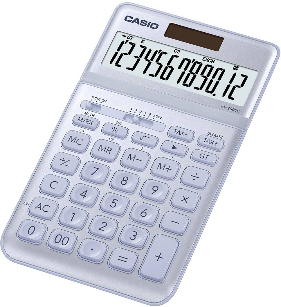 Une calculatrice argentée de Casio affiche les chiffres '1234567890,12' sur l'écran, avec des touches pour les opérations arithmétiques de base et le calcul fiscal.