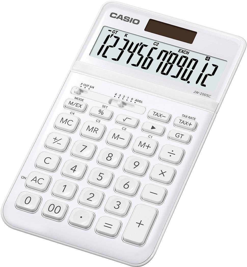 Une calculatrice blanche avec un grand écran affiche les chiffres '1234567890,12'. Des touches pour les fonctions mathématiques de base sont visibles.