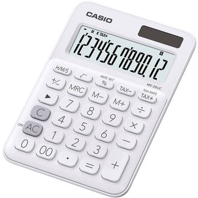 Calculatrice blanche avec affichage LCD, montrant les chiffres '1234567890,12'. Les touches comprennent des fonctions de calcul de base.
