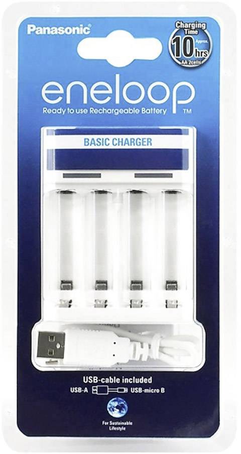 Chargeur Panasonic Eneloop pour piles AA ou AAA, câble USB inclus. Design d'emballage avec des accents bleus.