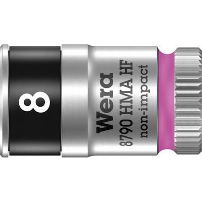 Gros plan d'un outil Wera, hexagonal, avec des pièces noires et argentées, et un anneau rose. Inscription : « Wera 8790 HMA HF non-impact ».