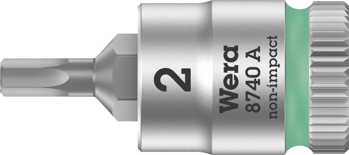 Embout Torx, taille 2, portant l'inscription 'Wera 8740 A non-impact', adapté pour visser. Tons argent et vert.
